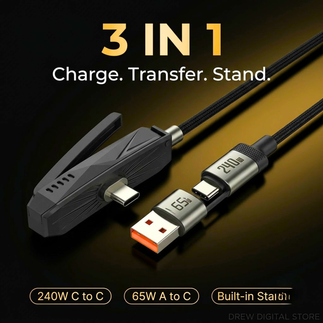 Drew TriPort 3-in-1 cable showing 240W Type-C connector, 65W USB adapter and foldable phone stand
