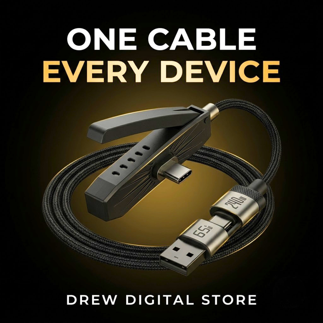 Drew TriPort braided cable with detachable USB adapter, works with every device