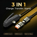 Drew TriPort 3-in-1 cable showing 240W Type-C connector, 65W USB adapter and foldable phone stand