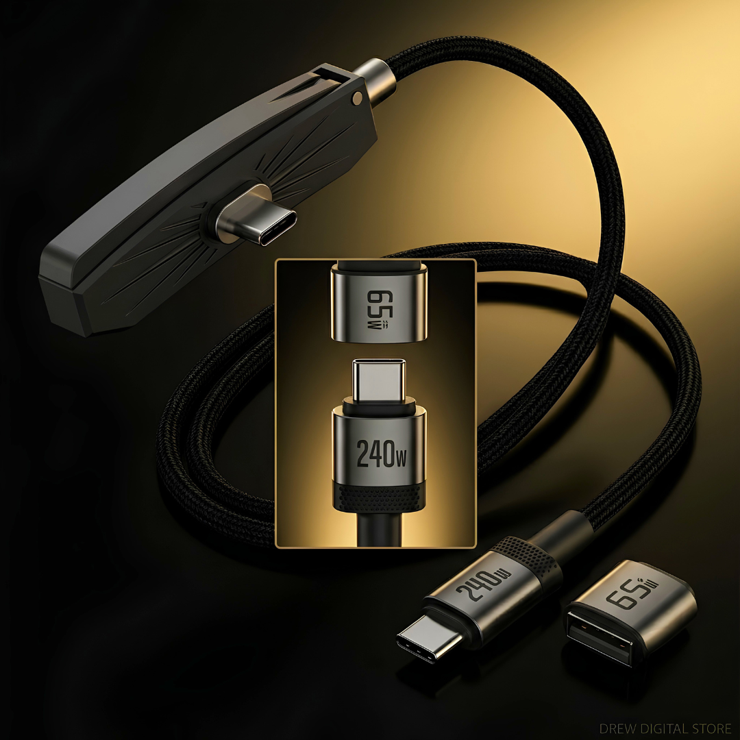 Close-up of the 240W Type-C connector and 65W USB-A adapter tip