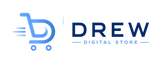 A digital logo for 'DREW DIGITAL STORE' featuring a stylized blue shopping cart icon with motion lines on the left, next to the text 'DREW' in dark blue and 'DIGITAL STORE' in light blue, all on a white background.