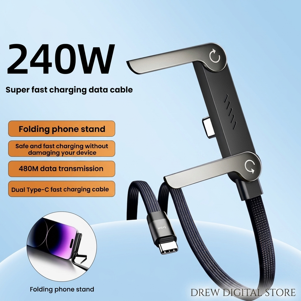 Drew FlexCharge 240W 2-in-1 fast charging cable with folding phone stand