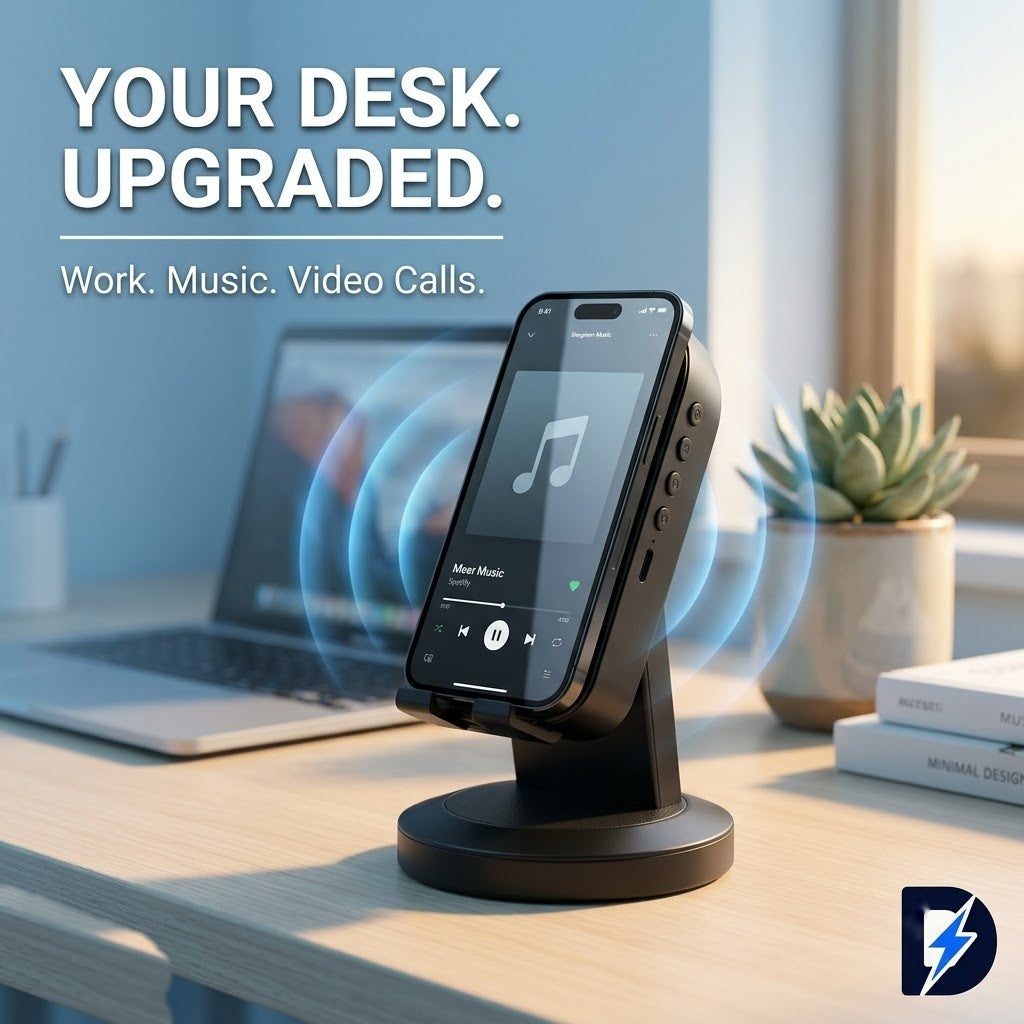 Drew™ SoundStand 360 – 5-in-1 Induction Speaker, Bluetooth 5.3 & Phone Stand (Android & iPhone)