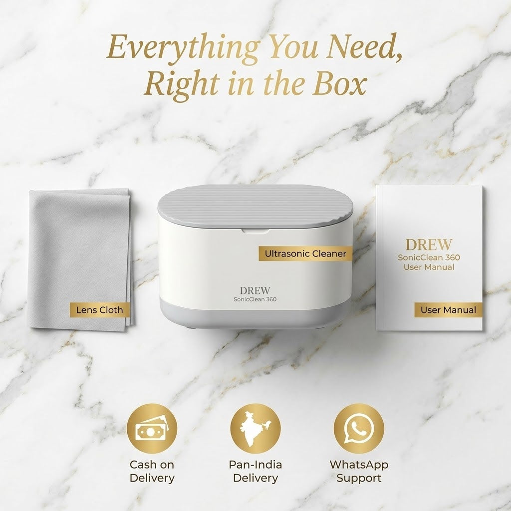 What's in the box: SonicClean 360 cleaner, lens cloth and user manual