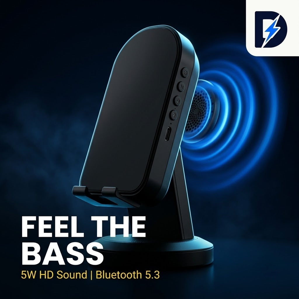 Drew™ SoundStand 360 – 5-in-1 Induction Speaker, Bluetooth 5.3 & Phone Stand (Android & iPhone)