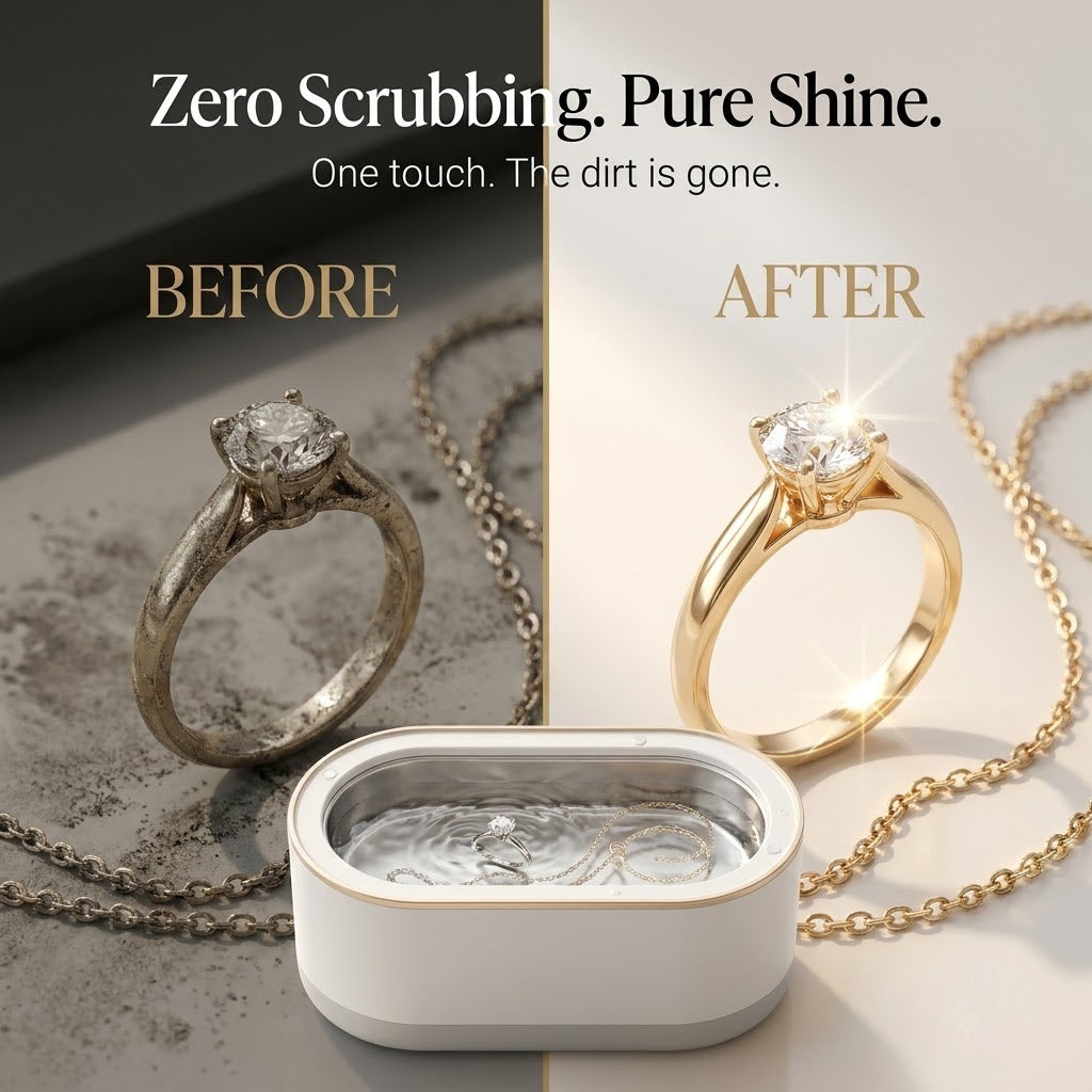 Before and after ultrasonic cleaning of a gold diamond ring
