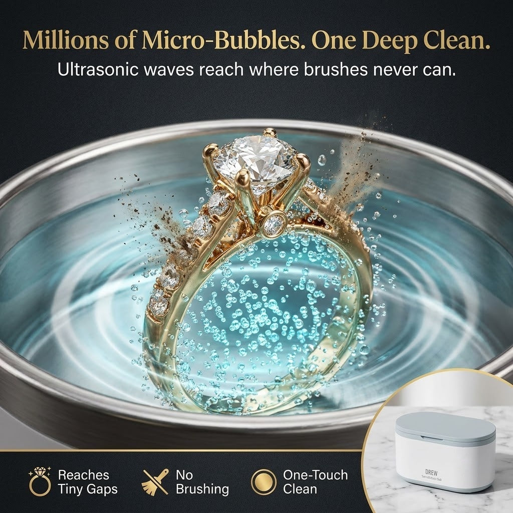 Ultrasonic micro-bubbles cleaning a diamond ring
