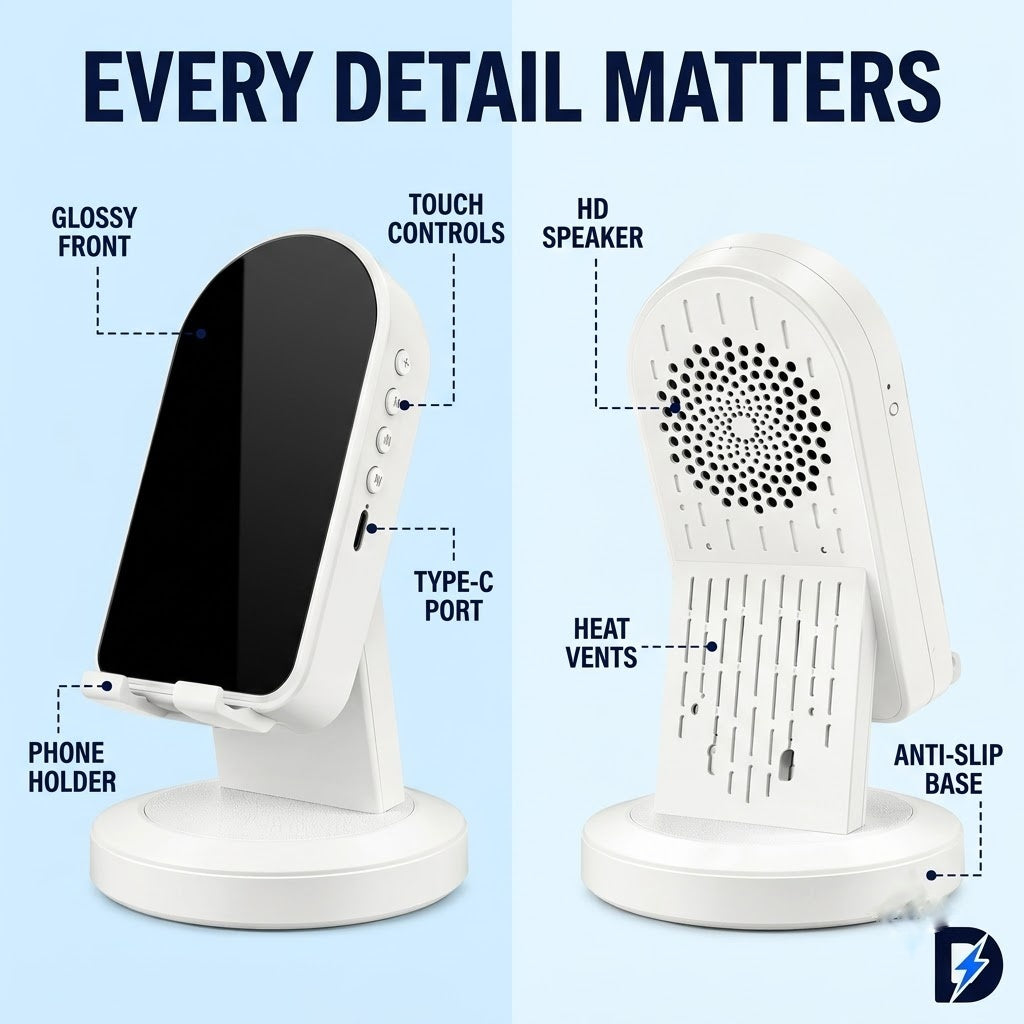 Drew™ SoundStand 360 – 5-in-1 Induction Speaker, Bluetooth 5.3 & Phone Stand (Android & iPhone)