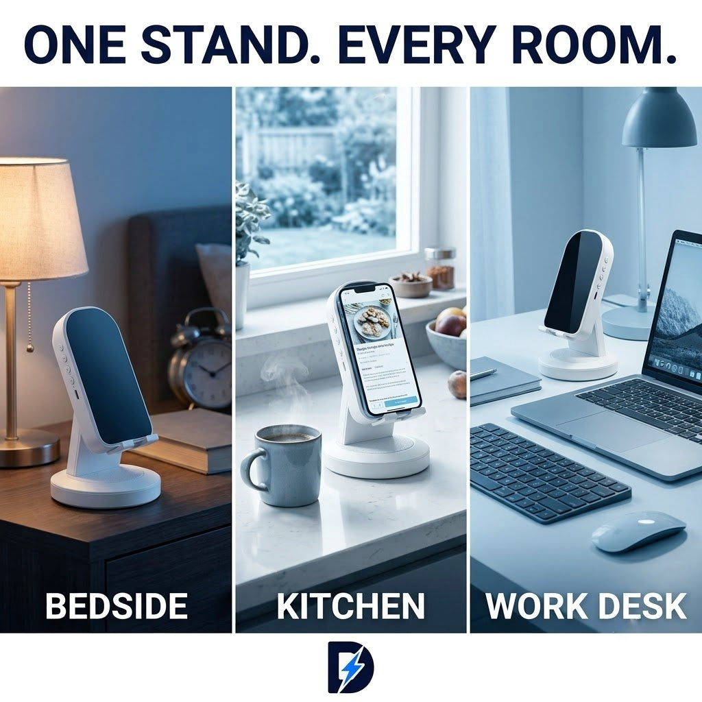 Drew™ SoundStand 360 – 5-in-1 Induction Speaker, Bluetooth 5.3 & Phone Stand (Android & iPhone)