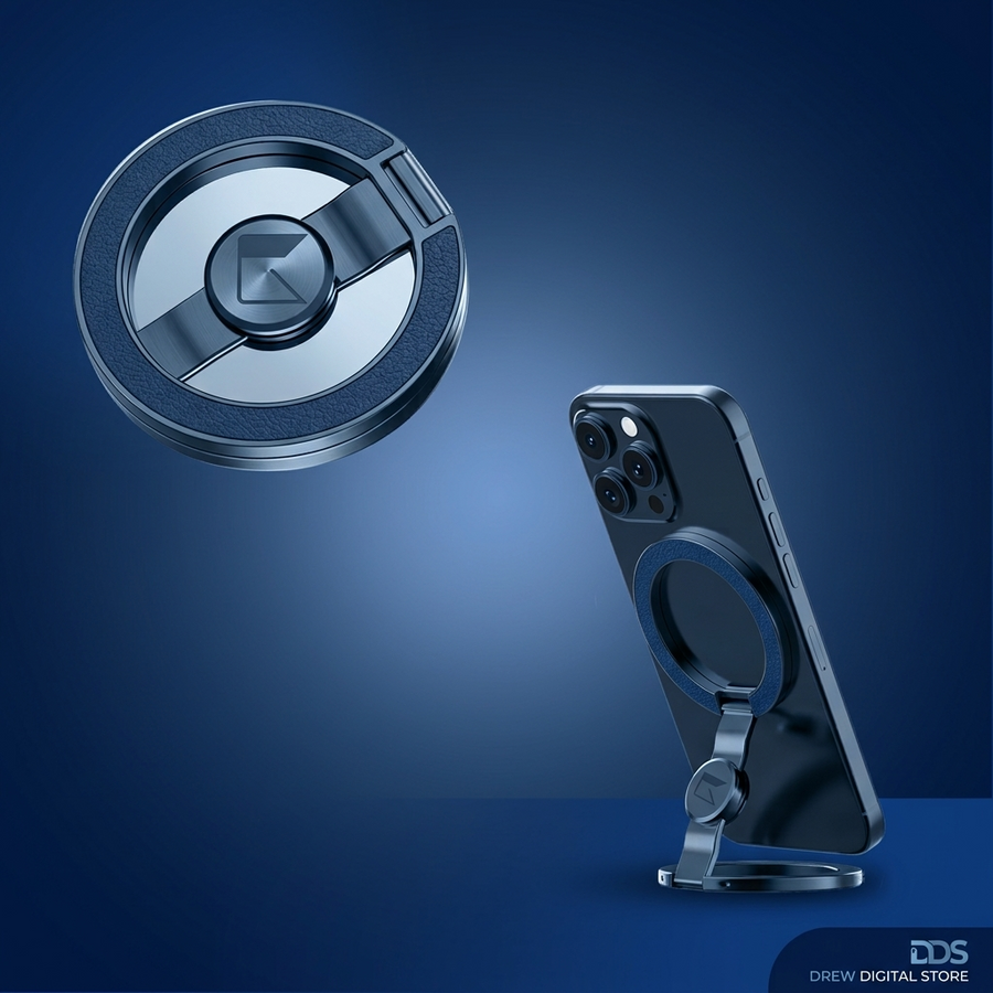 Drew SpinGrip 360 MagSafe magnetic ring holder shown beside a phone propped up on its foldable stand