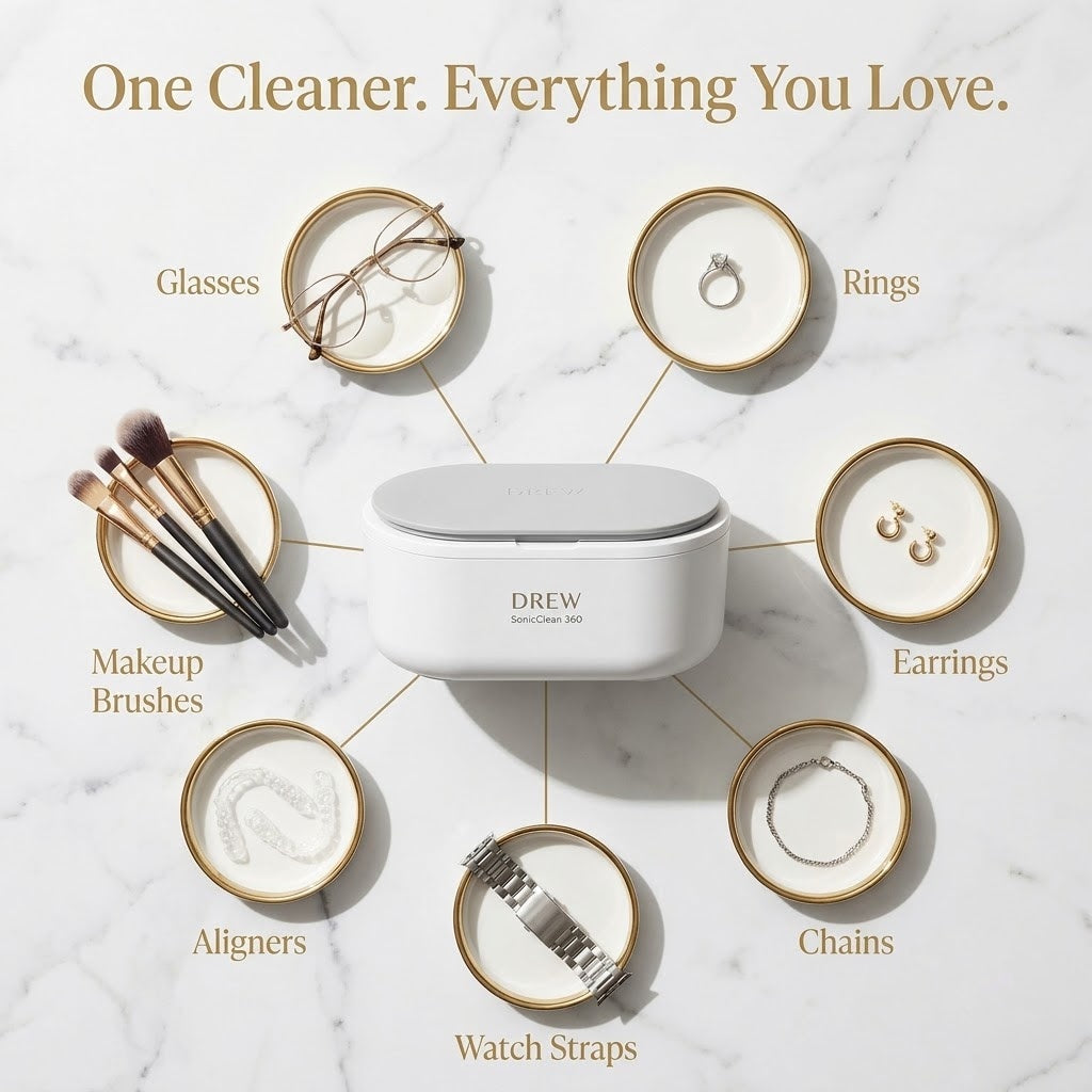 What SonicClean 360 cleans: glasses, rings, earrings, chains, watch straps, aligners and makeup brushes