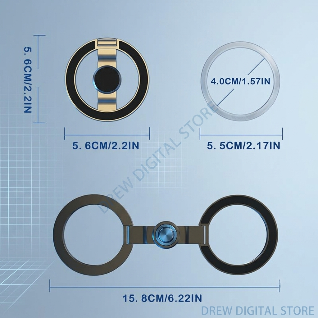 Size chart: 5.6 cm ring, 4.0 cm inner magnet diameter, 15.8 cm fully unfolded