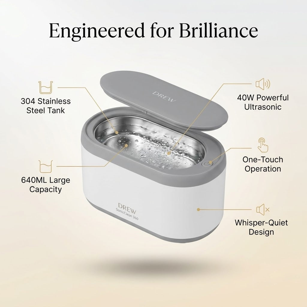 SonicClean 360 features: 304 stainless steel tank, 640 ml capacity, 40W ultrasonic, one-touch operation