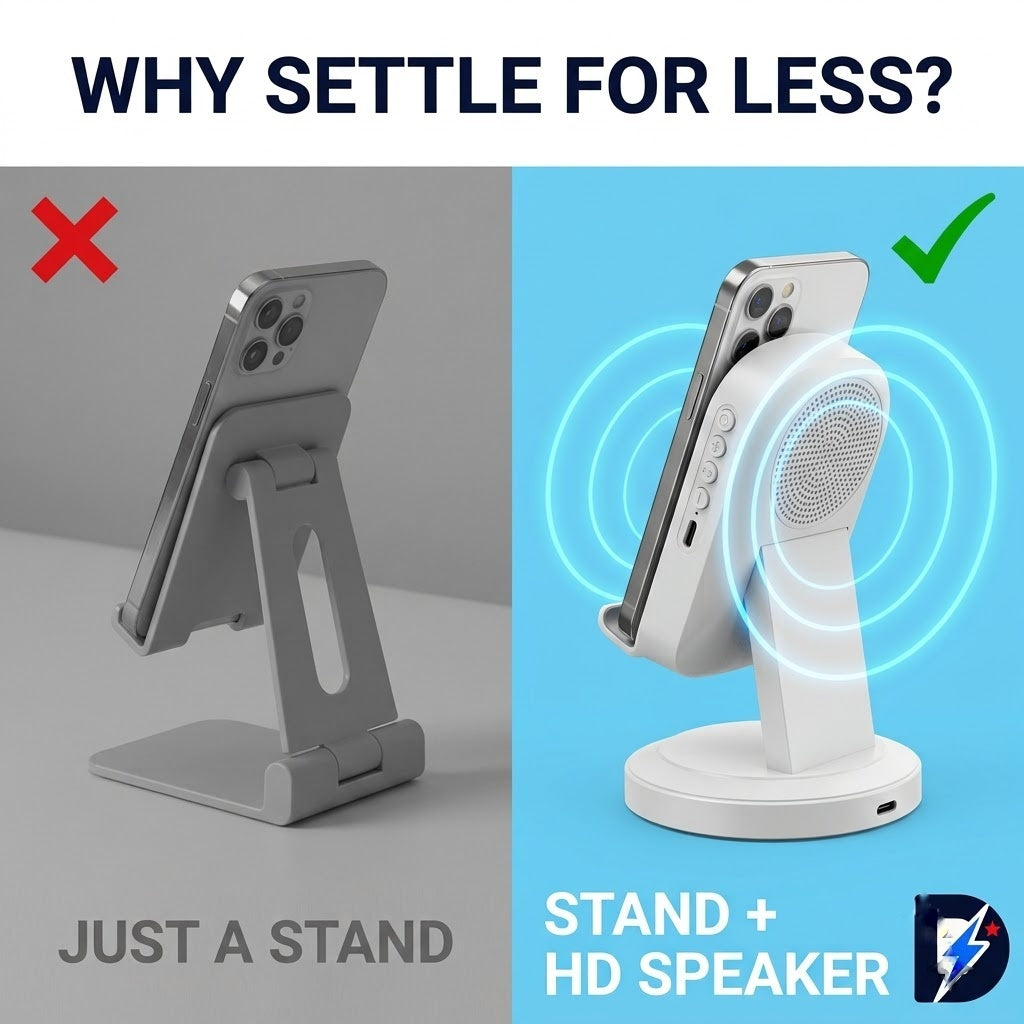 Drew™ SoundStand 360 – 5-in-1 Induction Speaker, Bluetooth 5.3 & Phone Stand (Android & iPhone)