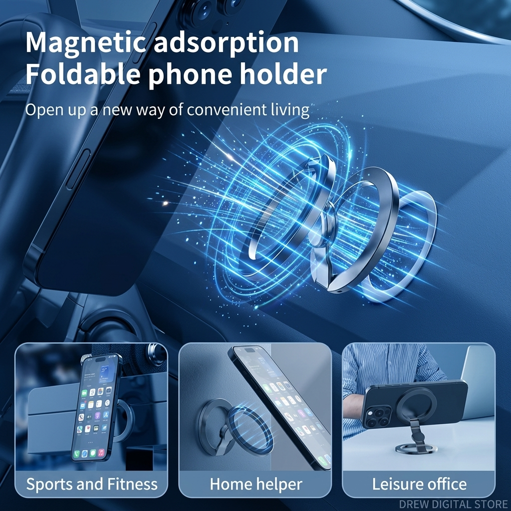 Phone held on a metal surface in four positions using the magnetic holder