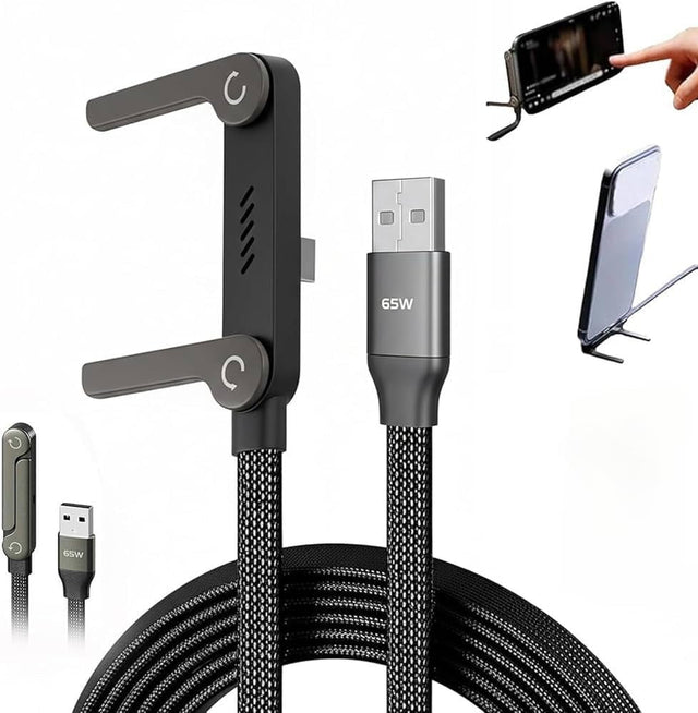 Drew FlexCharge USB-A 65W braided cable with foldable phone stand