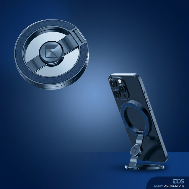 Drew SpinGrip 360 MagSafe magnetic ring holder shown beside a phone propped up on its foldable stand