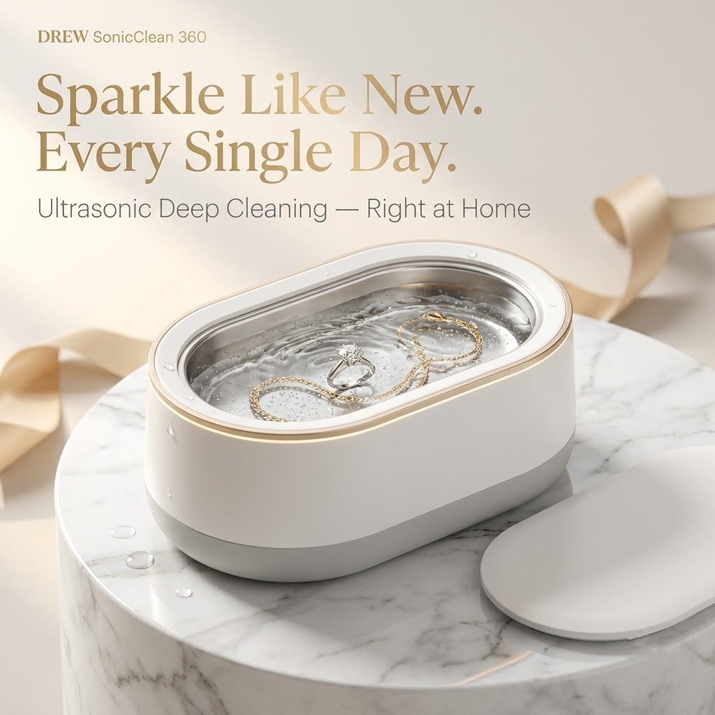 Drew SonicClean 360 ultrasonic cleaner with a diamond ring and gold chain in the tank